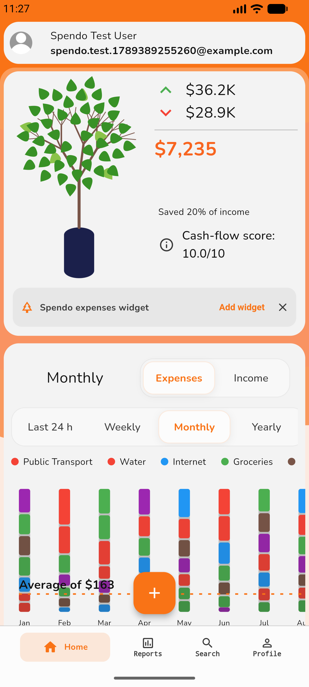 Spendo Home with a finance tree, income, expenses, savings, and a monthly spending chart