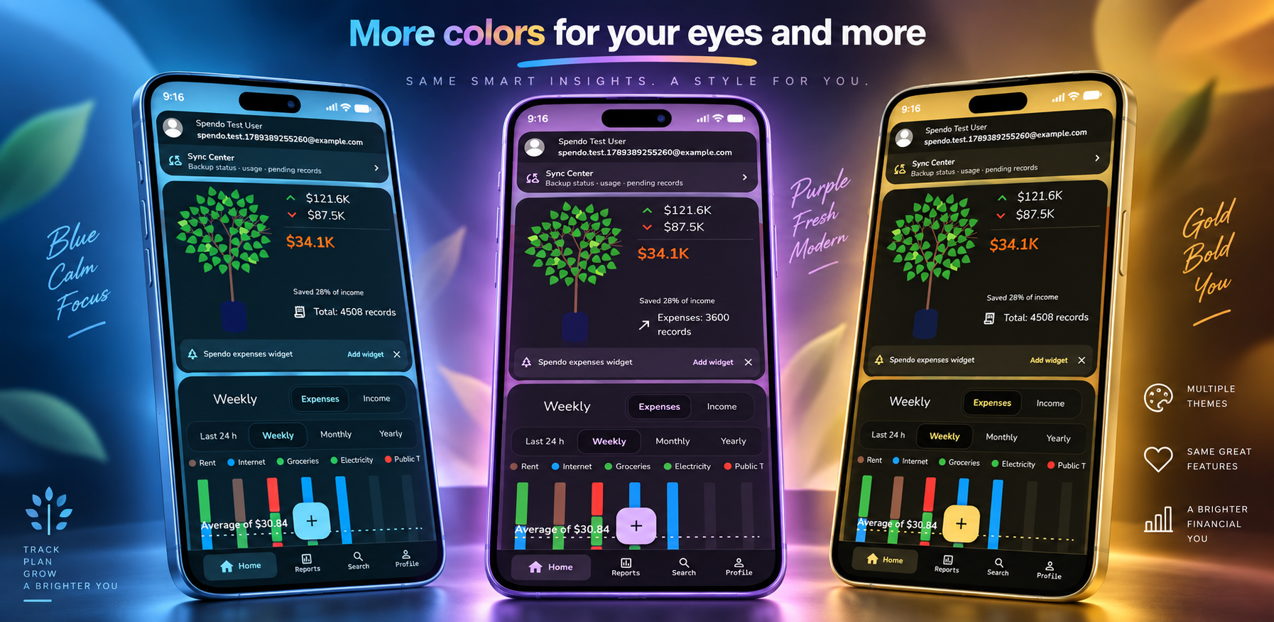 Spendo in Ocean Blue, Lavender, and Gold, each with a dark home screen and finance tree